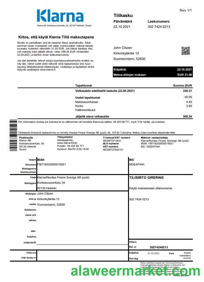 Finland Klarna bank excel pdf